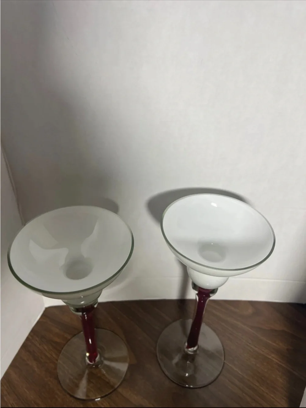White Glass Candle Holders with Burgundy Stem - Home Accents
